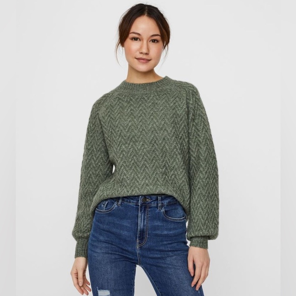 Anthropologie Little Lies Green Brown Chevron Wool  blend sweater Size Small